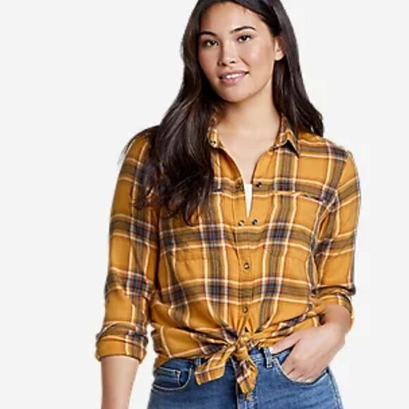 Eddie Bauer Tencel Plaid Flannel Shirt with Frayed Hem Gold Sz XSMALL NWT - Picture 1 of 16